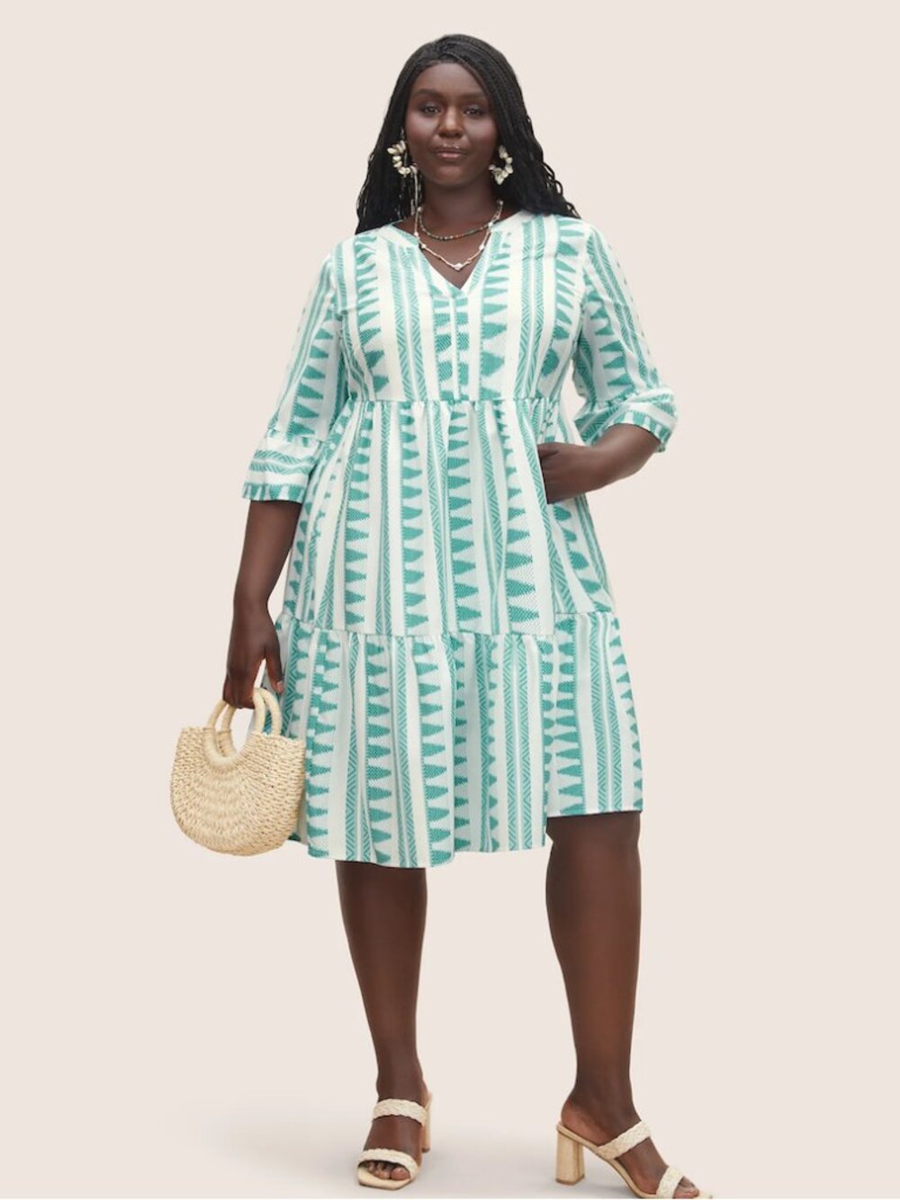 BLOOMCHIC Plus Size 2XL Green and White Patterned Dress us18-20